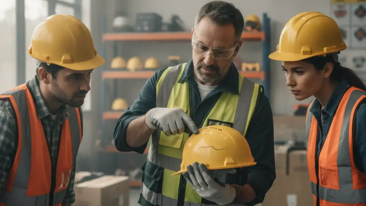 Instrutor demonstra o uso correto e a inspeção diária de EPIs em um treinamento básico para colaboradores de PMEs na Penha.