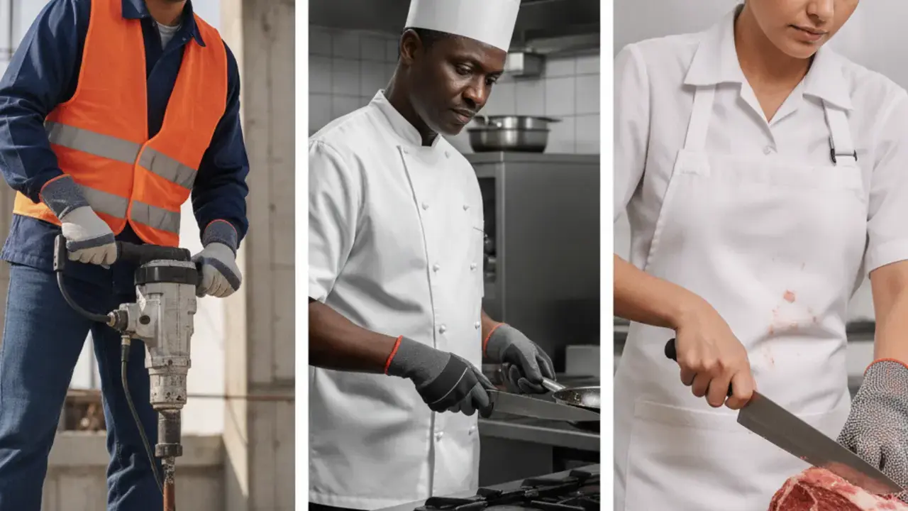 Variedade de EPIs específicos para diferentes setores, incluindo capacetes e óculos para construção civil, luvas e aventais para cozinha industrial, e luvas de malha de aço para açougues, demonstrando a importância da seleção por função.