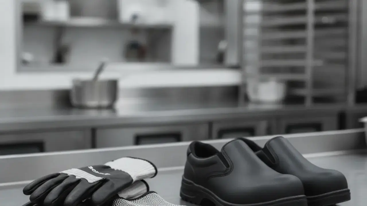 EPIs essenciais para segurança e higiene em cozinhas profissionais de restaurantes e hotéis, incluindo luvas térmicas, aventais impermeáveis e calçados antiderrapantes.