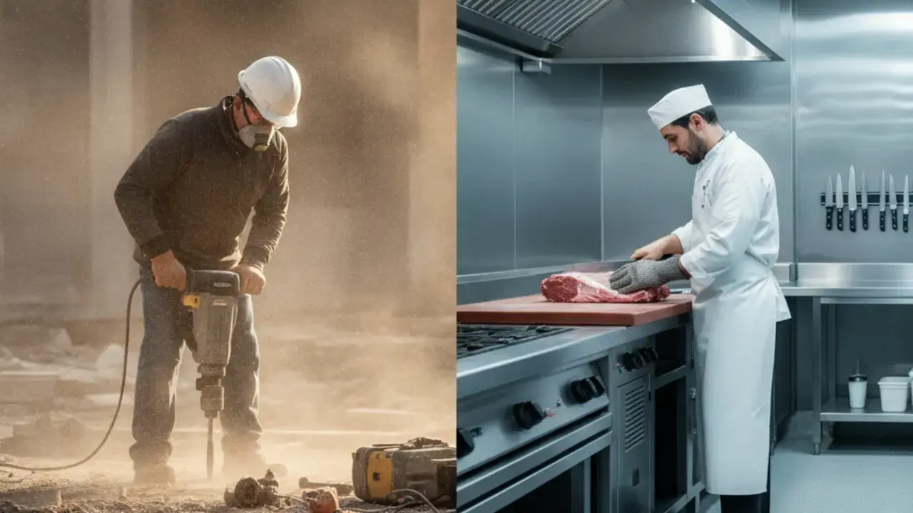 Imagem comparando os riscos de segurança em um canteiro de obras e em uma cozinha industrial, destacando a necessidade de EPIs por função e setor.