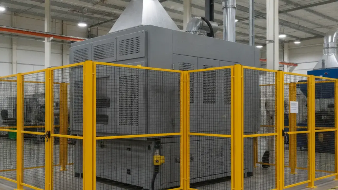 Exemplos de Equipamentos de Proteção Coletiva (EPC) como grades de proteção em máquinas e sinalização de segurança em um ambiente industrial.